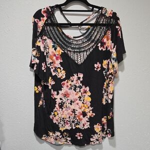 Maurices Black Floral Blouse with Lace Accents